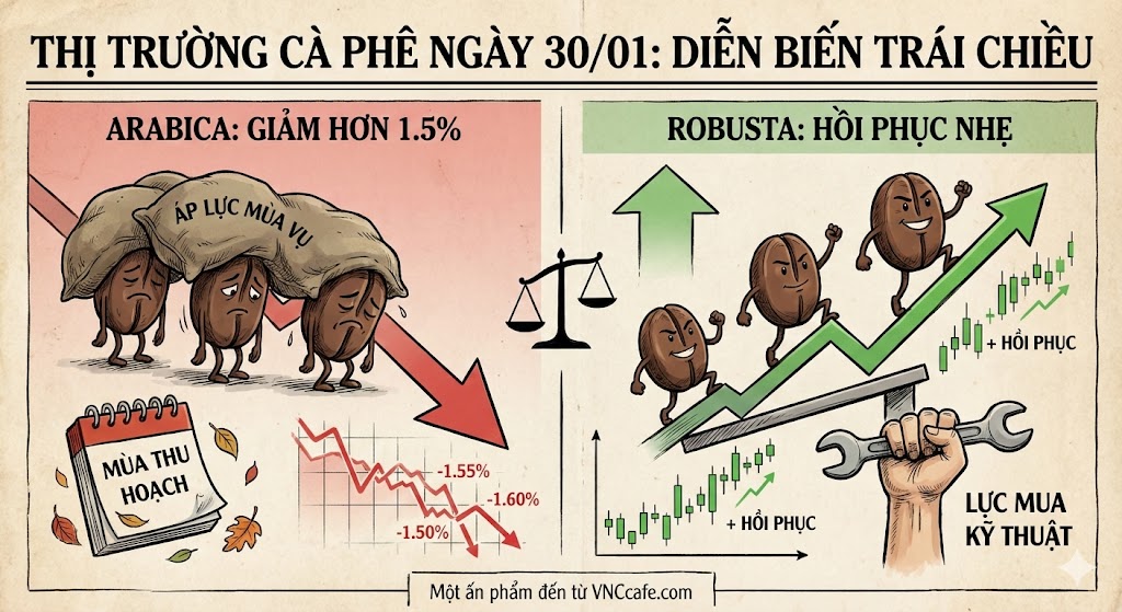 Thị trường cà phê ngày 30/01: Arabica tiếp tục giảm hơn 1.5% do áp lực mùa vụ, trong khi Robusta hồi phục nhẹ nhờ lực mua kỹ thuật